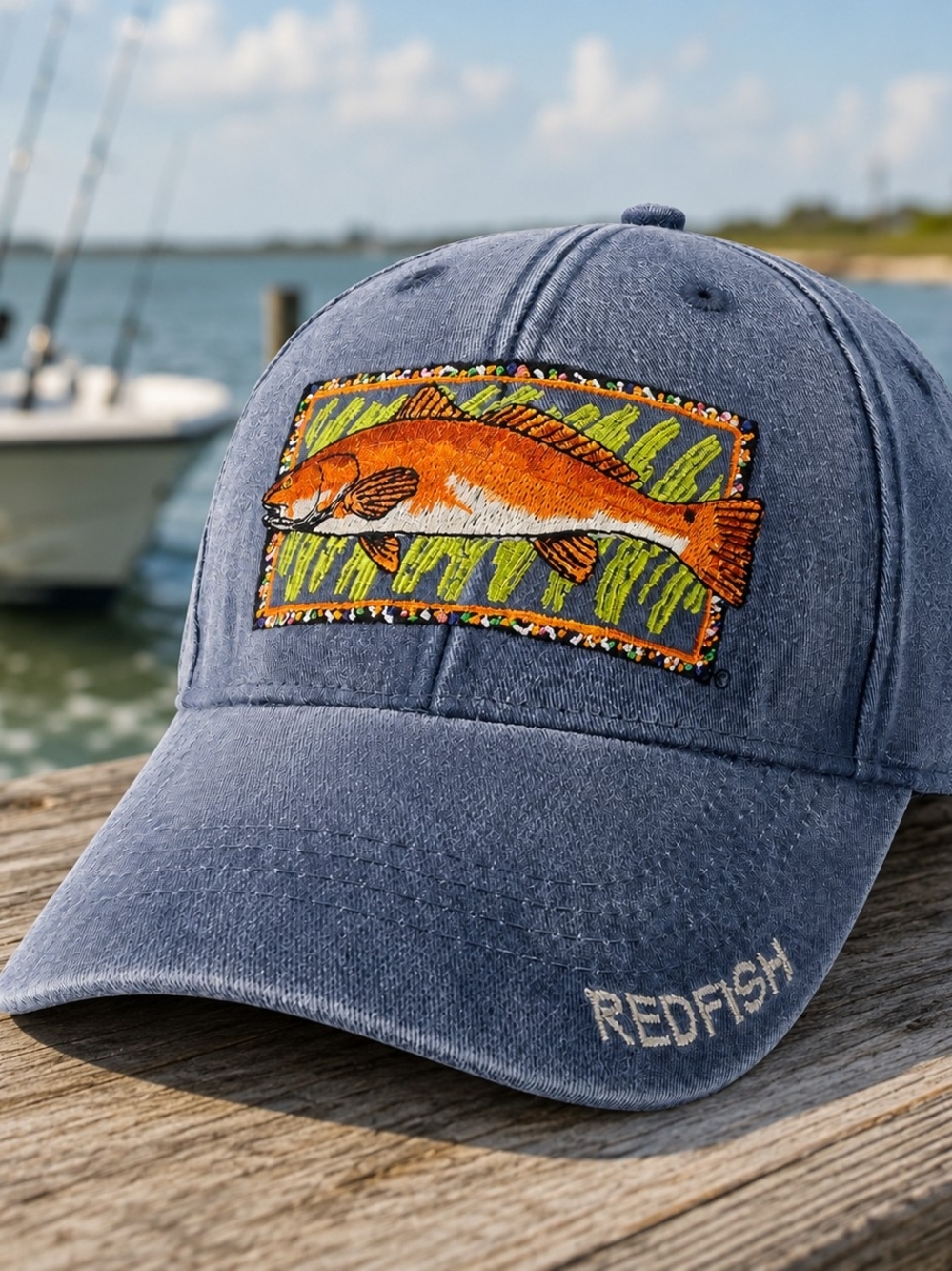 Flying Fisherman Redfish Embroidered Blue Fishing Hat NWT